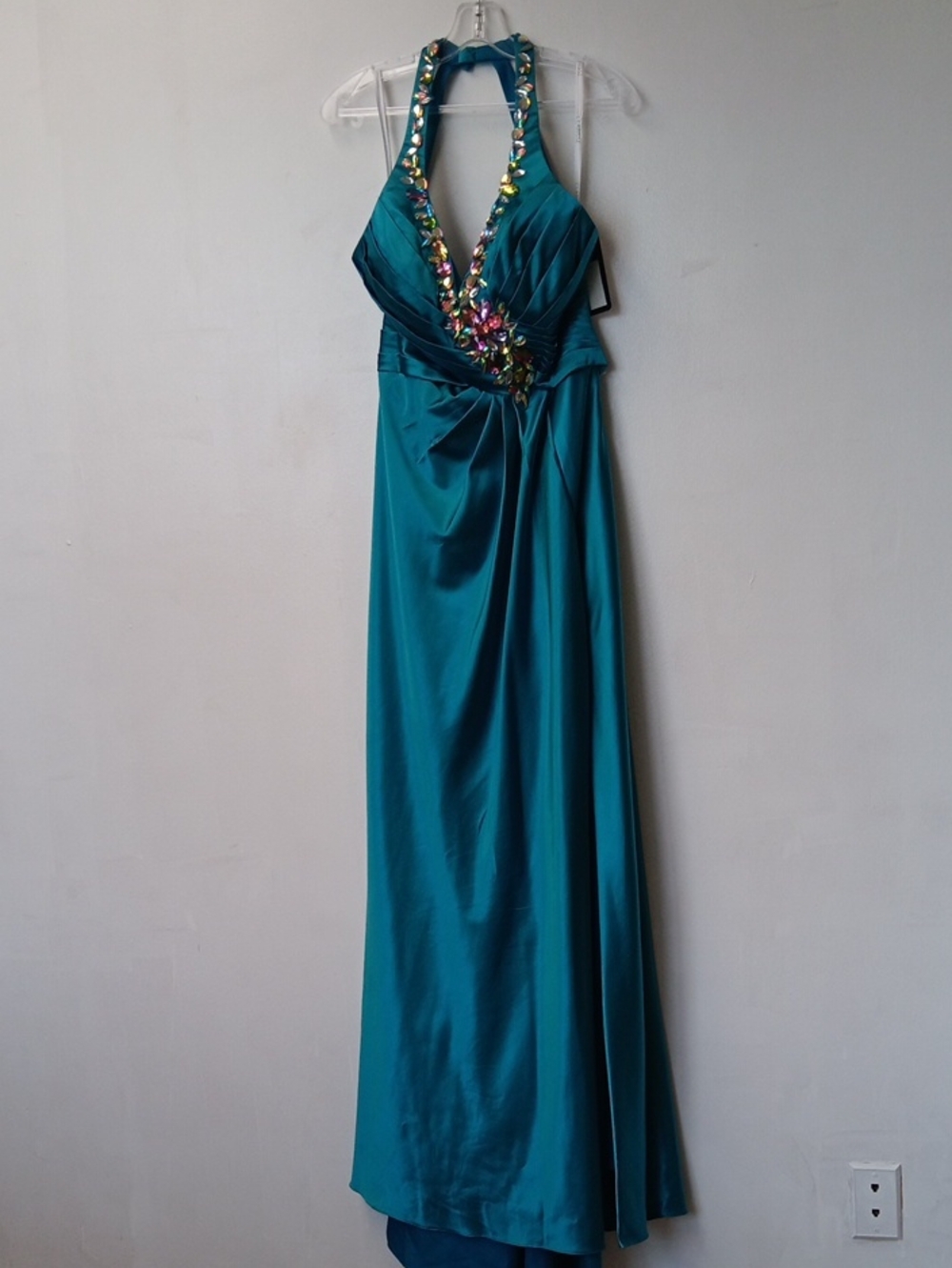 Vintage Clarisse Teal Halter Maxi Dress with Multicolor Beading